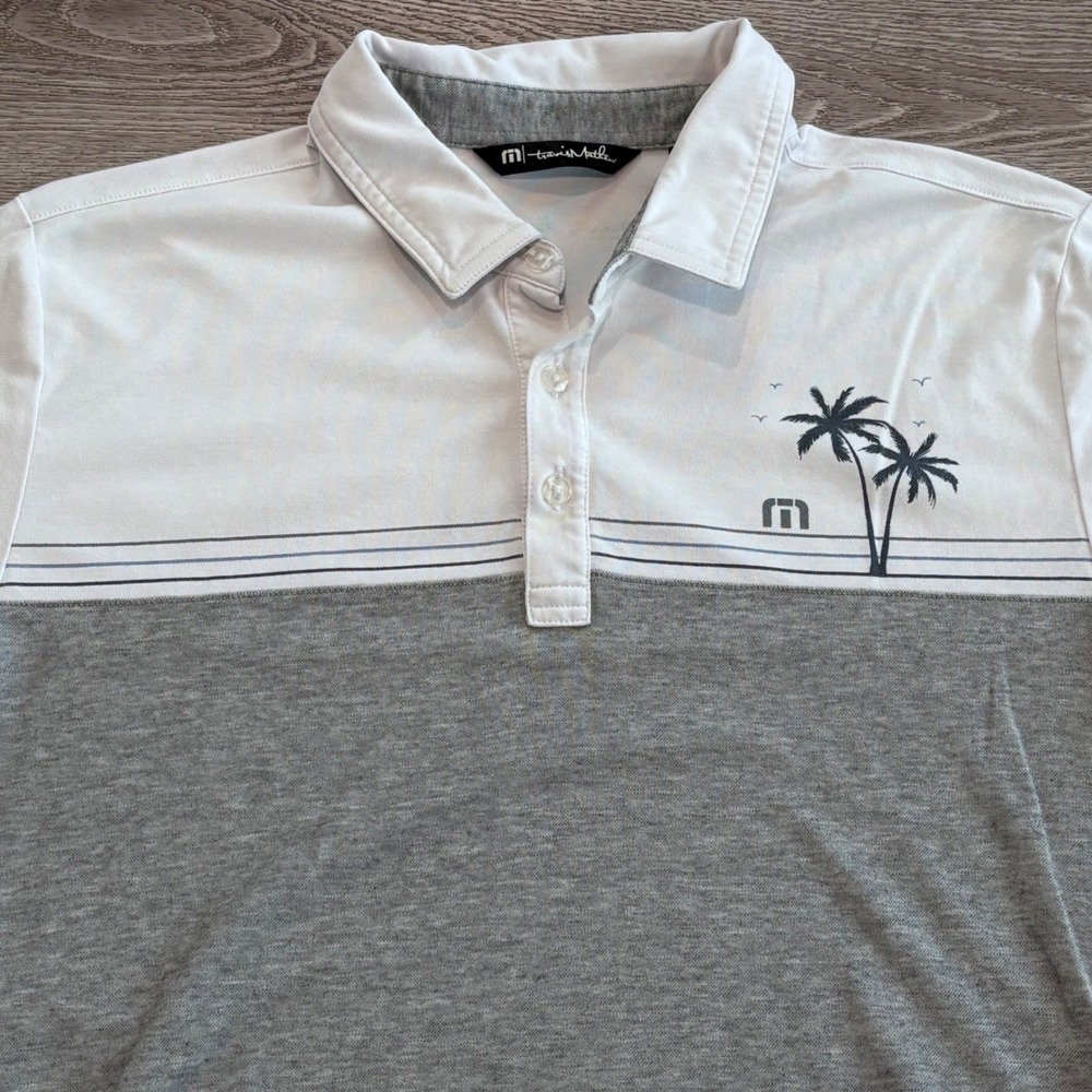 Travis Mathew Polo Shirt Mens XL Gray White Colorblock Palm Tree Golf Preppy